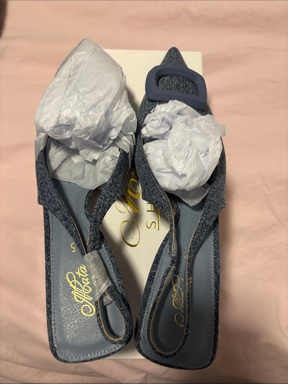 Chocolat Blu Denim Blue Pointed Slingback Heels with Buckle